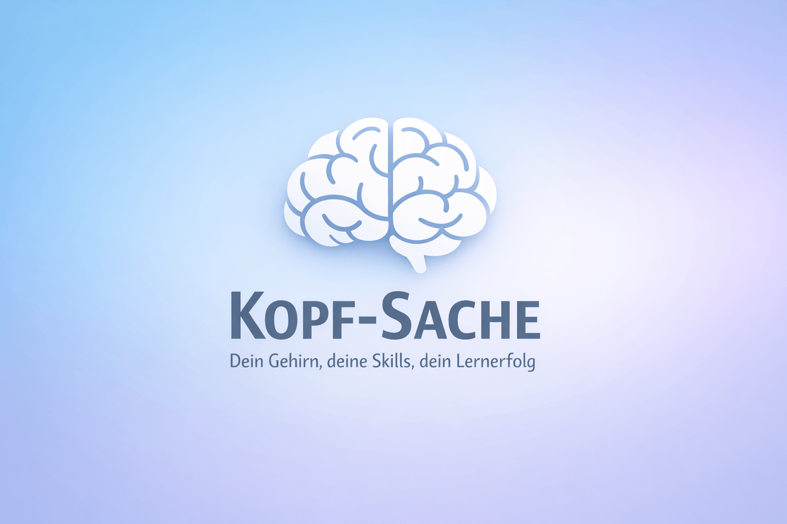 Stilisierte Illustration eines Gehirns auf blauem Farbverlauf, darunter der Titel „Kopf-Sache“ und der Untertitel „Dein Gehirn, deine Skills, dein Lernerfolg