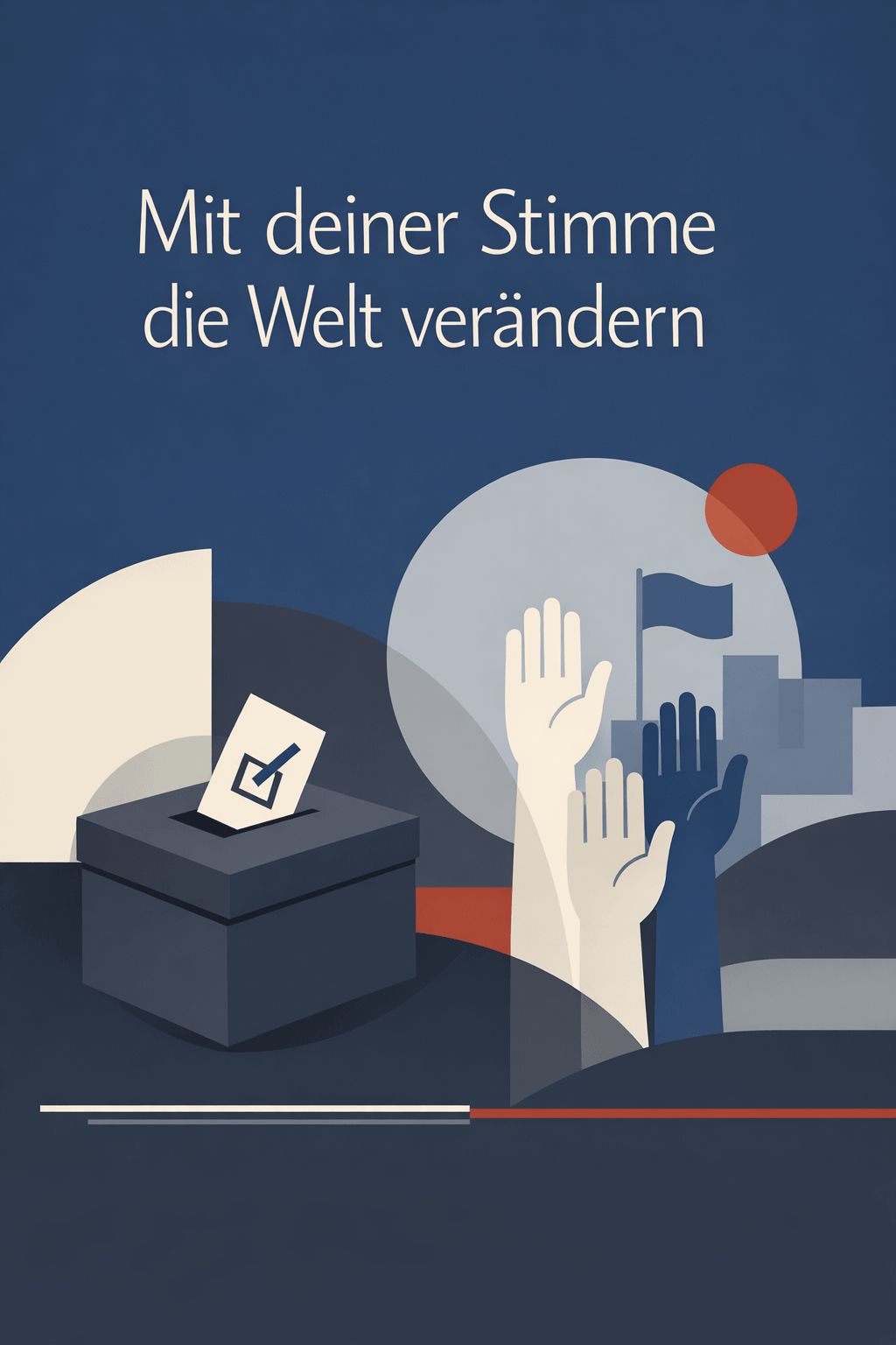 Illustration mit dem Schriftzug „Mit deiner Stimme die Welt verändern“ auf blauem Hintergrund; dargestellt sind eine Wahlurne mit Stimmzettel sowie erhobene Hände und eine Flagge als Symbol für Mitbestimmung und Engagement.