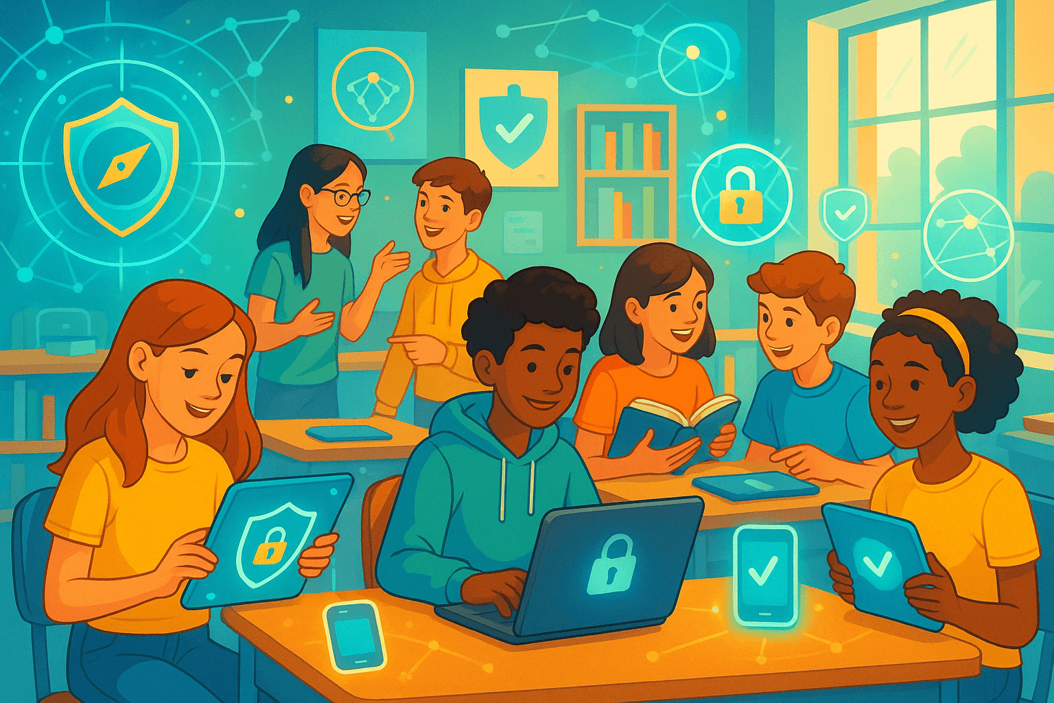 Illustration von Kindern in einer Lernumgebung mit digitalen Geräten und Symbolen für Datenschutz, Sicherheit und digitale Medienkompetenz.