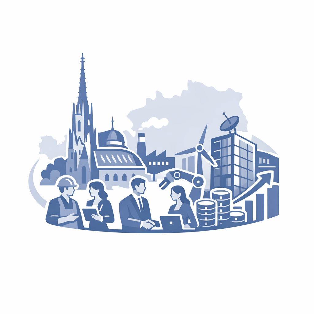 Illlustration in Blautönen zeigt im Vordergrund Menschen im wirtschaftlichen Umfeld, dahinter eine Kirche, Geschäftsgebäude und ein Windrad